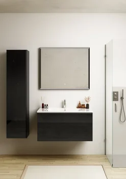 Ipiemme SRL Meuble sous vasque suspendu noir mat et verre fumé l.90 x H.46,5 x P.50,5 cm pour évacuation centrale, Pura+