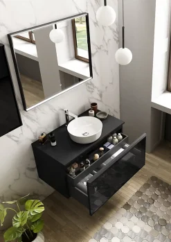 Ipiemme SRL Meuble sous vasque suspendu noir mat et verre fumé l.90 x H.46,5 x P.50,5 cm pour évacuation centrale, Pura+
