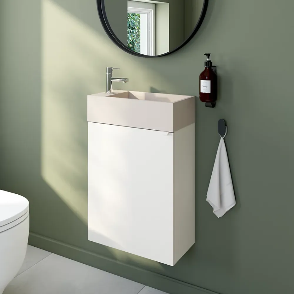 Lave-Mains|Homesight Meuble sous vasque suspendu blanc mat l.44 cm Imandra + plan vasque béton beige moucheté, GoodHome
