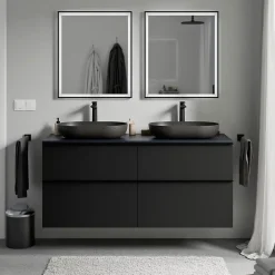 Bernstein Meuble sous vasque suspendu MDF Noir mat, plan vasque Bleu nuit mat, poignée Anthracite mat - 140x46x62cm - LAVOA