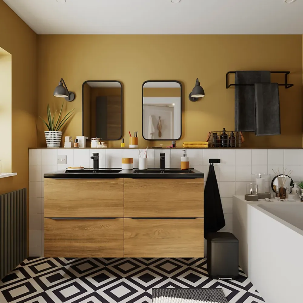 Meuble Buanderie|Meuble De Salle De Bains Faible Profondeur|GoodHome Meuble sous vasque suspendu effet noyer l.120 x H.60 x P.45 cm, Imandra