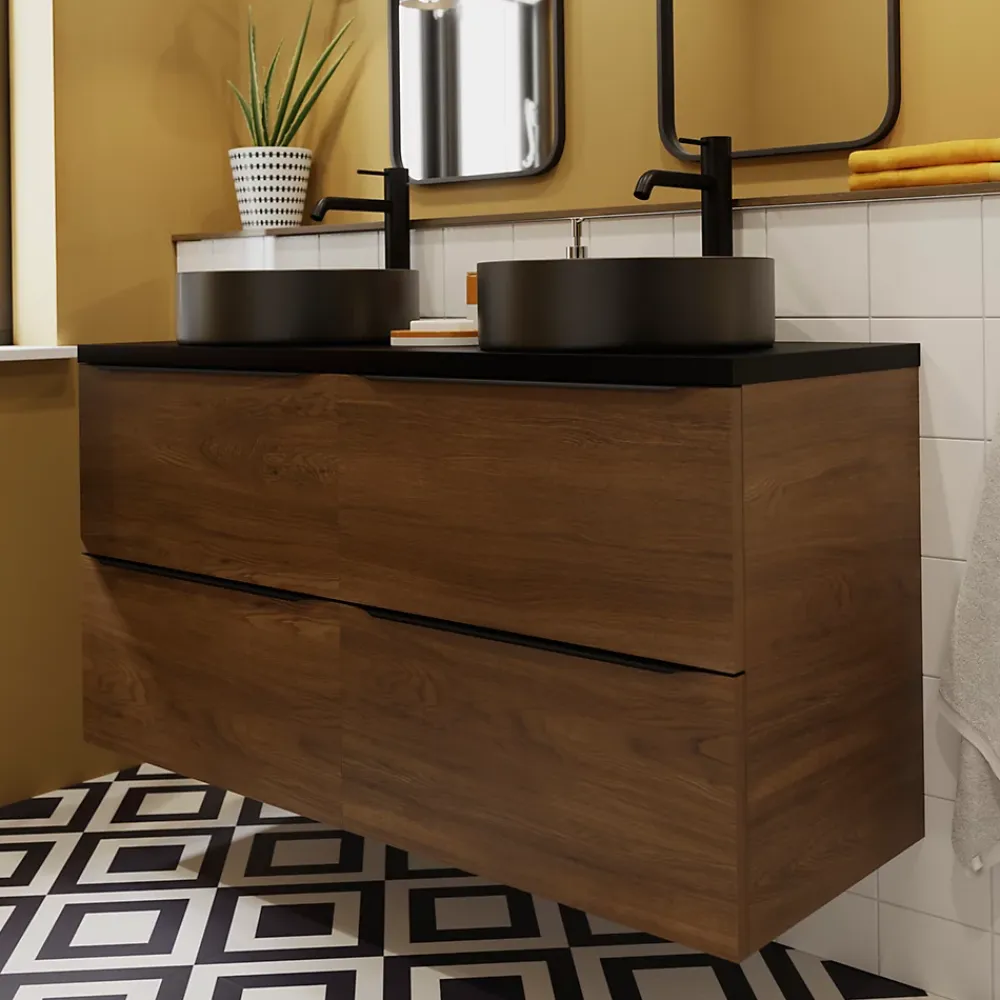 Meuble Buanderie|Meuble De Salle De Bains Faible Profondeur|GoodHome Meuble sous vasque suspendu effet noyer l.120 x H.60 x P.45 cm, Imandra