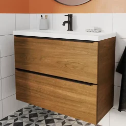 GoodHome Meuble sous vasque suspendu faible profondeur effet noyer l.80 x H.60 x P.36 cm, Imandra