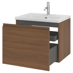 Meuble Sous-Vasque|GoodHome Meuble sous vasque suspendu effet noyer 2 tiroirs l.60 x H.48 x P.45 cm Levanna