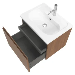 Meuble Sous-Vasque|GoodHome Meuble sous vasque suspendu effet noyer 2 tiroirs l.60 x H.48 x P.45 cm Levanna