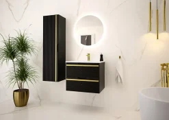 Furnidea Meuble sous vasque suspendu VESPER noir 60 cm - bande décorative dorée