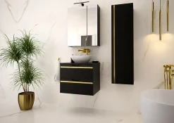 Furnidea Meuble sous vasque suspendu VESPER noir 60 cm - bande décorative dorée