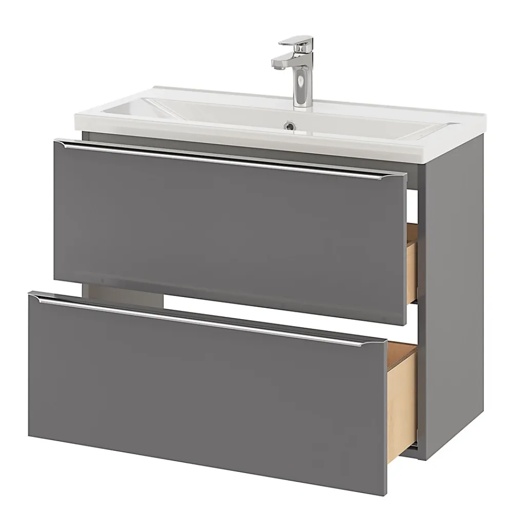 Meuble Sous-Vasque|Meuble Buanderie|GoodHome Meuble sous vasque suspendu faible profondeur gris brillant l.80 x H.60 x P.36 cm, Imandra