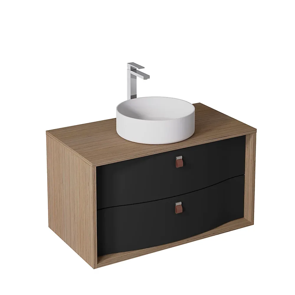 Meuble Buanderie|Decotec Meuble sous vasque suspendu noir mat 2 tiroirs l.90 x H.50 x P.50 cm, Havana