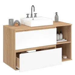 IDMarket Meuble sous vasque suspendu salle de bain TOMI 2 tiroirs et 2 niches façon hêtre et blanc