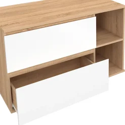 IDMarket Meuble sous vasque suspendu salle de bain TOMI 2 tiroirs et 2 niches façon hêtre et blanc