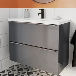 GoodHome Meuble sous vasque suspendu faible profondeur gris taupe brillant l.80 x H.60 x P.36 cm, Imandra