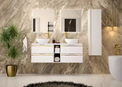 Meuble Sous Lavabo|Furnidea Meuble sous vasque suspendu ESPERO blanc 60 cm - bande décorative dorée