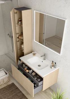 Ipiemme SRL Meuble sous vasque suspendu placage chêne clair strié l.90 x H.46,5 x P.50,5 cm pour évacuation centrale, Pura