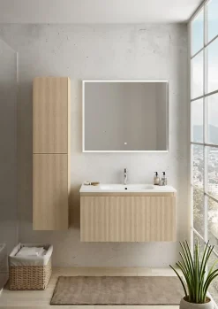 Ipiemme SRL Meuble sous vasque suspendu placage chêne clair strié l.90 x H.46,5 x P.50,5 cm pour évacuation centrale, Pura