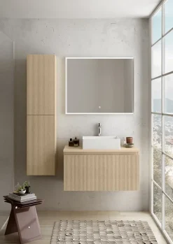 Ipiemme SRL Meuble sous vasque suspendu placage chêne clair strié l.90 x H.46,5 x P.50,5 cm pour évacuation centrale, Pura