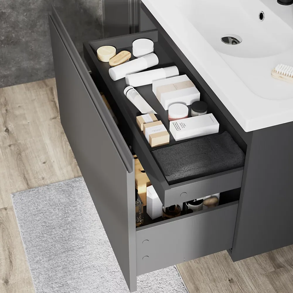 GoodHome Meuble sous vasque suspendu gris anthracite mat 2 tiroirs l.80 x H.48 x P.45 cm Levanna