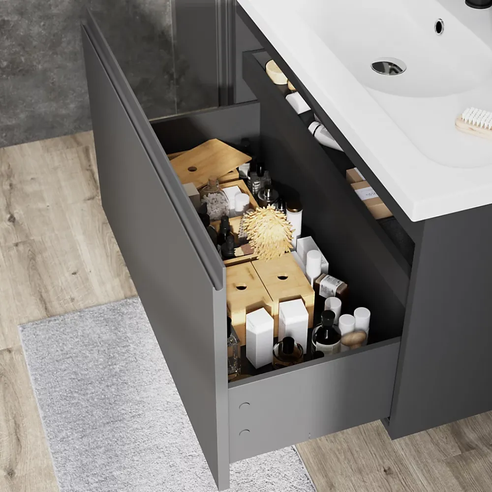 GoodHome Meuble sous vasque suspendu gris anthracite mat 2 tiroirs l.80 x H.48 x P.45 cm Levanna