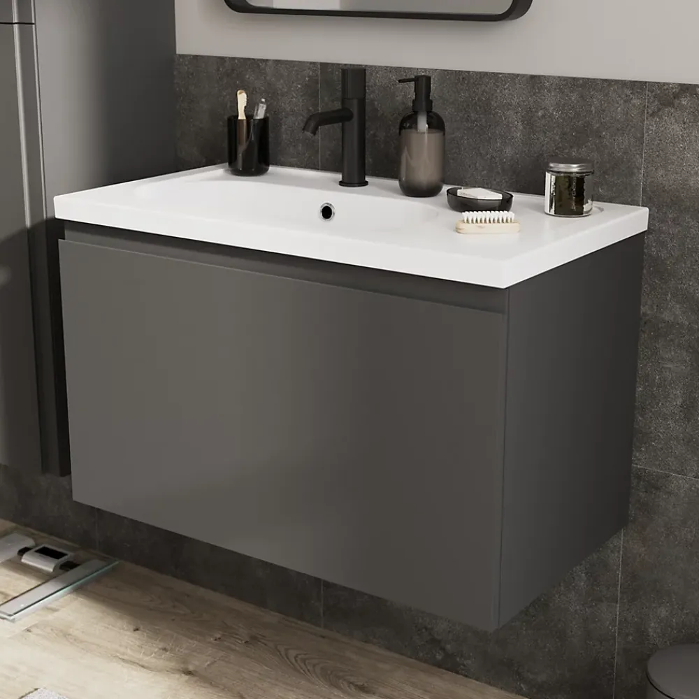 GoodHome Meuble sous vasque suspendu gris anthracite mat 2 tiroirs l.80 x H.48 x P.45 cm Levanna
