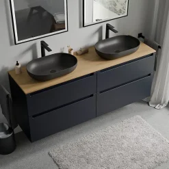 Meuble Sous-Vasque|Bernstein Meuble sous vasque suspendu MDF Bleu nuit mat, plan vasque Chêne miel, tiroirs pivotants - 160x46x62cm - VIREO