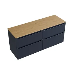 Meuble Sous-Vasque|Bernstein Meuble sous vasque suspendu MDF Bleu nuit mat, plan vasque Chêne miel, tiroirs pivotants - 160x46x62cm - VIREO