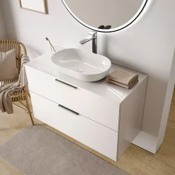Meuble Sous-Vasque|Bernstein Meuble sous vasque suspendu MDF Blanc brillant 100x46x62cm, Plan lavabo Blanc brillant + 2 tiroirs poignée Chrome - TIM100