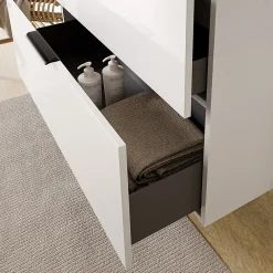 Meuble Sous-Vasque|Bernstein Meuble sous vasque suspendu MDF Blanc brillant 100x46x62cm, Plan lavabo Blanc brillant + 2 tiroirs poignée Chrome - TIM100