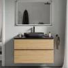 Bernstein Meuble sous vasque suspendu MDF Chêne miel, plan vasque Bleu nuit mat, poignée Noir mat - 80x46x62cm - LAVOA