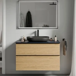 Bernstein Meuble sous vasque suspendu MDF Chêne miel, plan vasque Bleu nuit mat, poignée Noir mat - 80x46x62cm - LAVOA