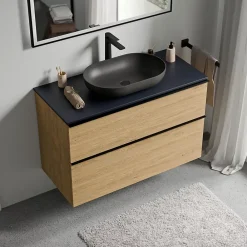 Bernstein Meuble sous vasque suspendu MDF Chêne miel, plan vasque Bleu nuit mat, poignée Noir mat - 80x46x62cm - LAVOA