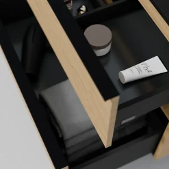 Bernstein Meuble sous vasque suspendu MDF Chêne miel, plan vasque Bleu nuit mat, poignée Noir mat - 80x46x62cm - LAVOA