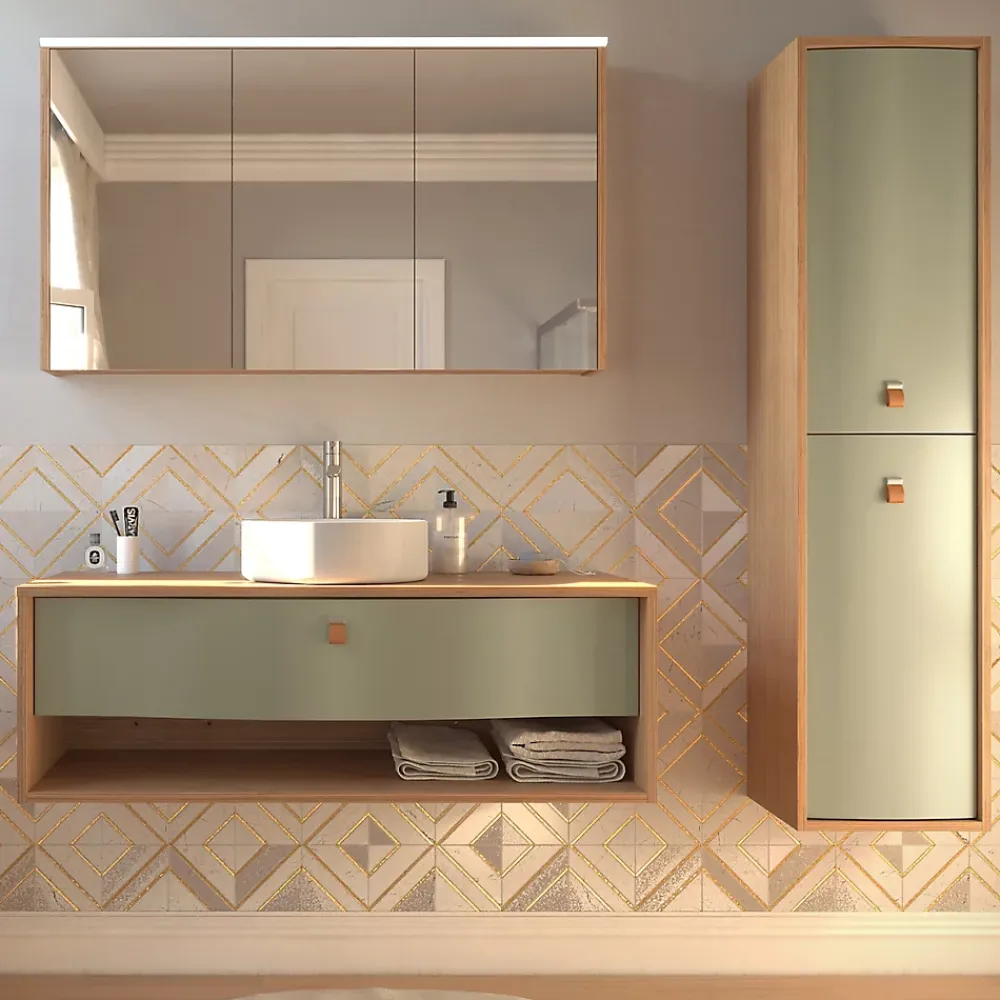 Meuble Buanderie|Decotec Meuble sous vasque suspendu vert fougère mat 1 tiroir l.140 x H.40 x P.50 cm, Havana