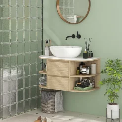 Homcom Meuble sous vasque suspendu design tiroirs étagères - dim. 90L x 45P x 46H cm - effet bois clair