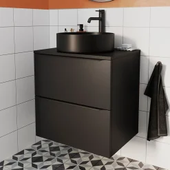 Meuble Buanderie|Meuble Sous-Vasque|GoodHome Meuble sous vasque suspendu noir mat l.60 x H.60 x P.45 cm, Imandra