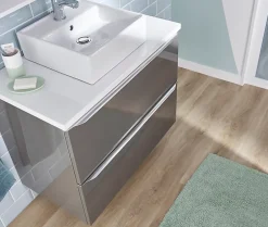 Meuble Buanderie|GoodHome Meuble sous vasque suspendu gris taupe brillant l.80 x H.60 x P.45 cm, Imandra