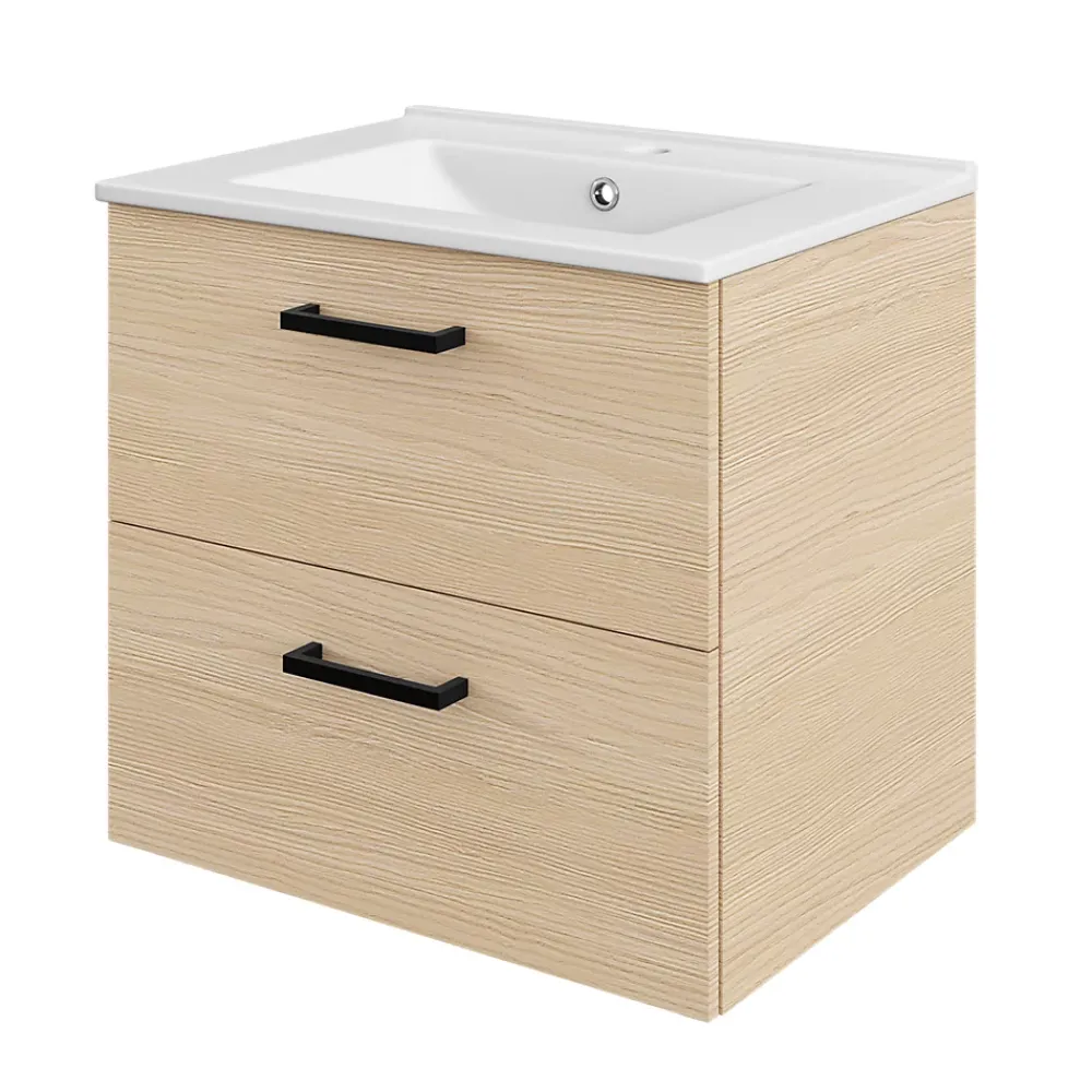 Meuble sous vasque suspendu effet chêne 2 tiroirs l.60 x H.55 x P.45 cm, Opah