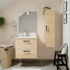 Meuble sous vasque suspendu effet chêne 2 tiroirs l.60 x H.55 x P.45 cm, Opah