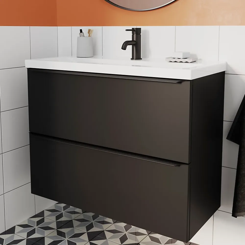 GoodHome Meuble sous vasque suspendu faible profondeur noir mat l.80 x H.60 x P.36 cm, Imandra