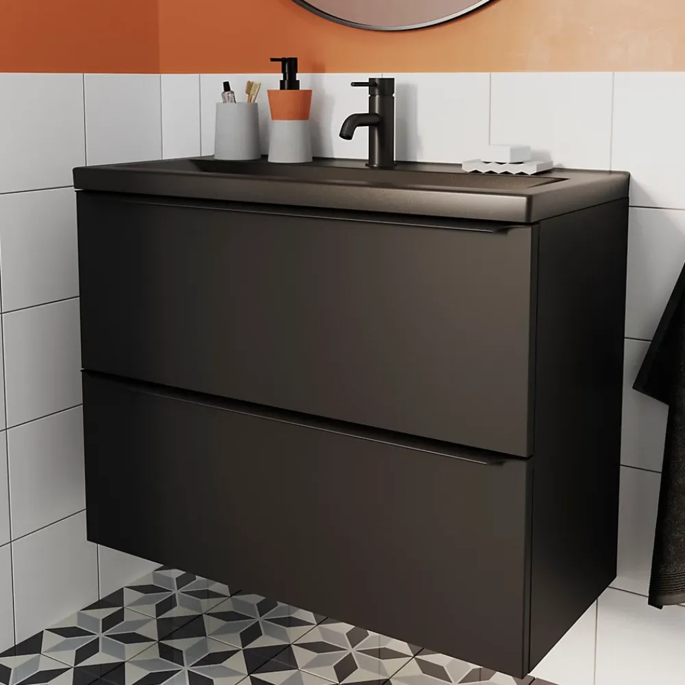 GoodHome Meuble sous vasque suspendu faible profondeur noir mat l.80 x H.60 x P.36 cm, Imandra