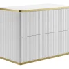 Meuble Sous-Vasque|Vente-unique Meuble sous vasque suspendu strié liseré doré - Blanc - L80 cm - KELIZA