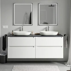 Meuble Sous-Vasque|Bernstein Meuble sous vasque suspendu MDF Blanc mat, plan vasque Bleu nuit mat, tiroirs pivotants - 160x46x62cm - VIREO