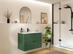Meuble Sous-Vasque|Vente-unique Meuble sous vasque suspendu strié - Vert mat - 80 cm - ZEVINI