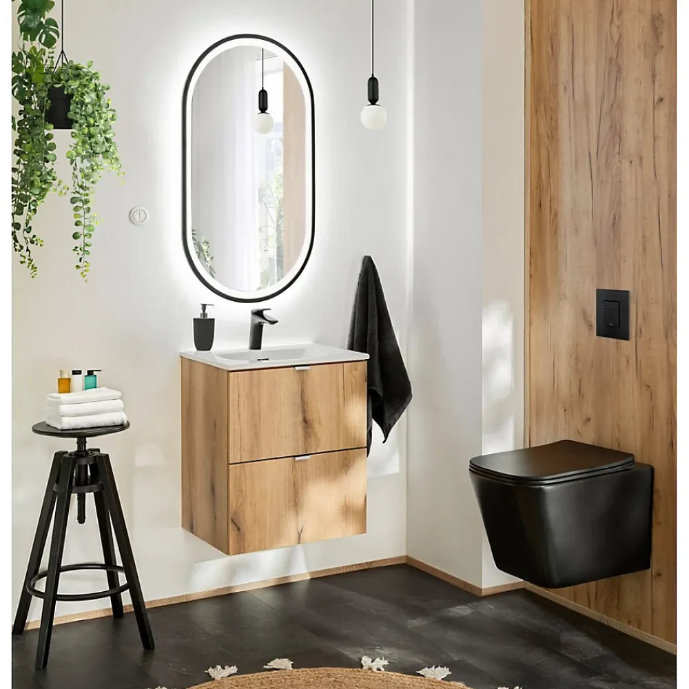 Meublorama Meuble sous vasque VANO 2 tiroirs Coloris chene L50 x P57 x H39 cm Meuble suspendu