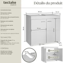 Lave-Mains|Tectake Meuble sous-lavabo 2 compartiments avec 2 portes battantes blanc