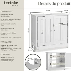 Lave-Mains|Tectake Meuble sous-lavabo 2 compartiments capacité de charge 35 kg