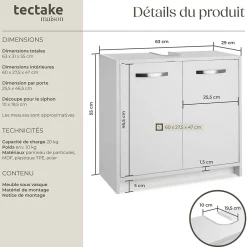 Tectake Meuble sous-lavabo spacieux avec capacité de charge de 20 kg blanc