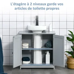 Meuble Sous-Vasque|kleankin Meuble sous-vasque - 2 portes rainurées avec étagère réglable - poignées métal chromé - dim. 60L x 30l x 60H cm - MDF
