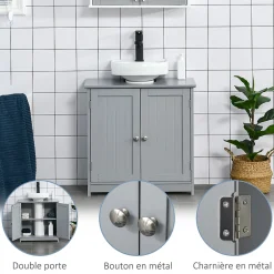Meuble Sous-Vasque|kleankin Meuble sous-vasque - 2 portes rainurées avec étagère réglable - poignées métal chromé - dim. 60L x 30l x 60H cm - MDF