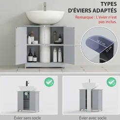 Meuble Sous-Vasque|kleankin Meuble sous-vasque - 2 portes rainurées avec étagère réglable - poignées métal chromé - dim. 60L x 30l x 60H cm - MDF