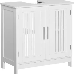 Meuble Sous-Vasque|kleankin Meuble sous-vasque - 2 portes rainurées avec étagère réglable - poignées alliage aluminium - dim. 60L x 30l x 60H cm - MDF blanc